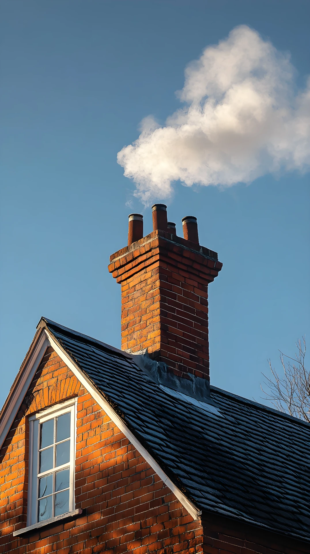 Tall red brick chimney stack with four pots standing above a tiled roof on a clear day