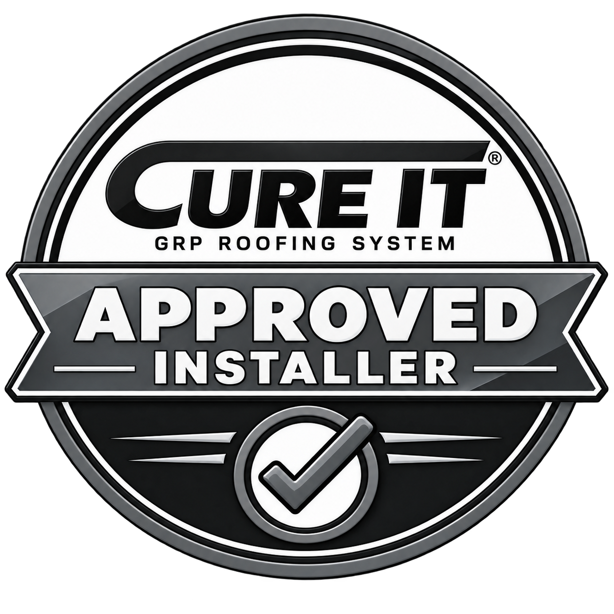 Cure It GRP roofing system badge; approval status to be confirmed