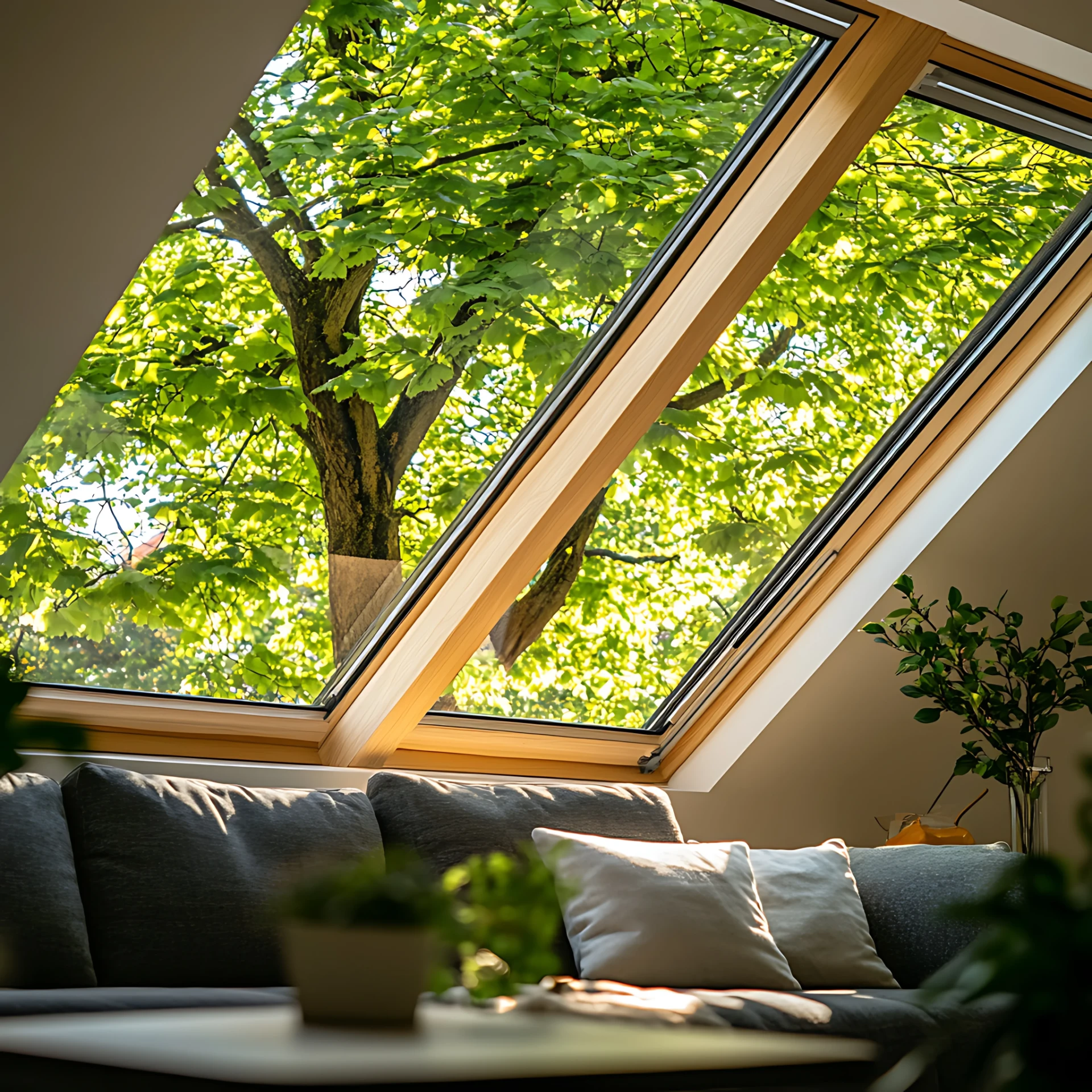 Large roof window above a sofa filling a loft room with daylight and greenery