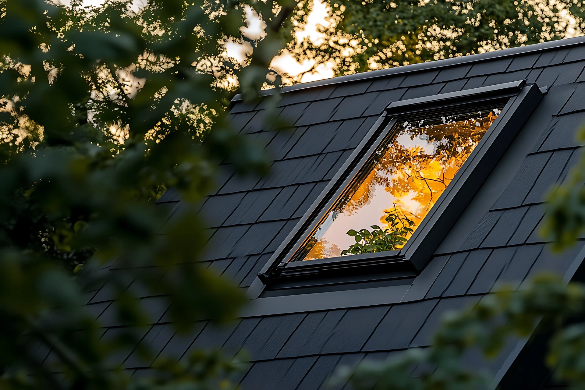 Roof window flashed neatly into a slated pitched roof