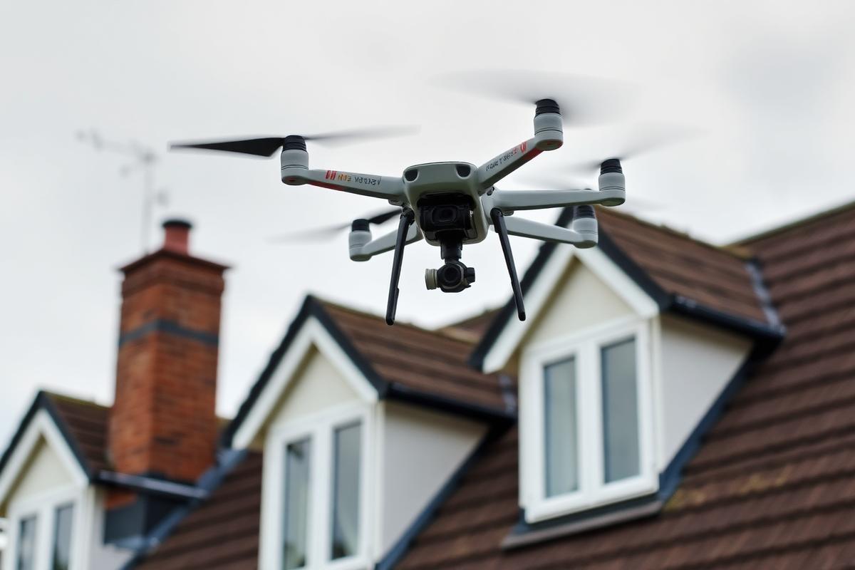 Survey drone inspecting the roof and chimney of a house