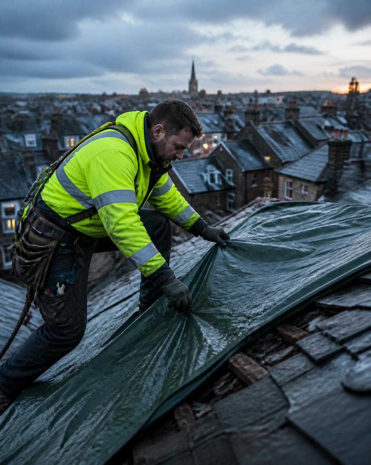 Roofer sheeting over storm-damaged tiles at dusk during an emergency make-safe call-out